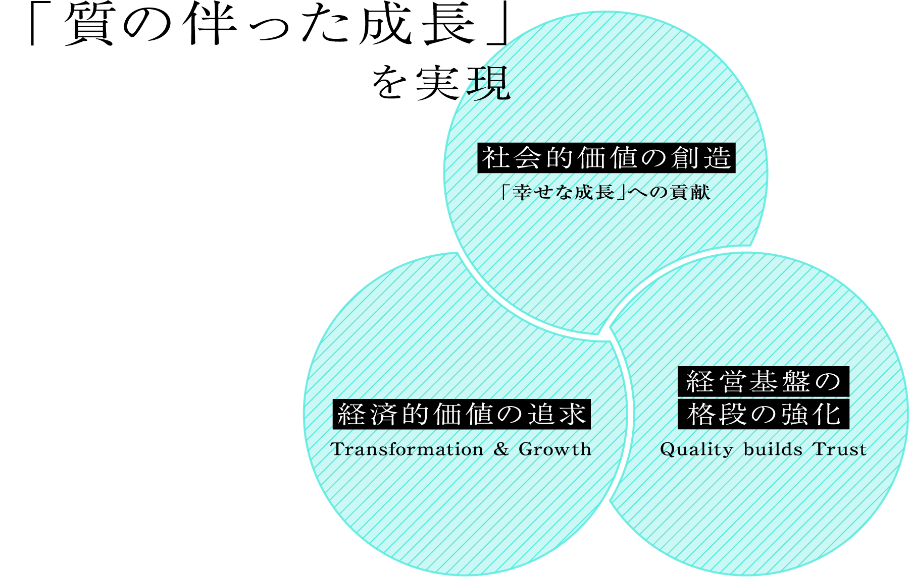 「質の伴った成長」 を実現 社会的価値の創造「幸せな成長」への貢献 経済的価値の追求 Transformation & Growth 経営基盤の格段の強化 Quality builds Trust