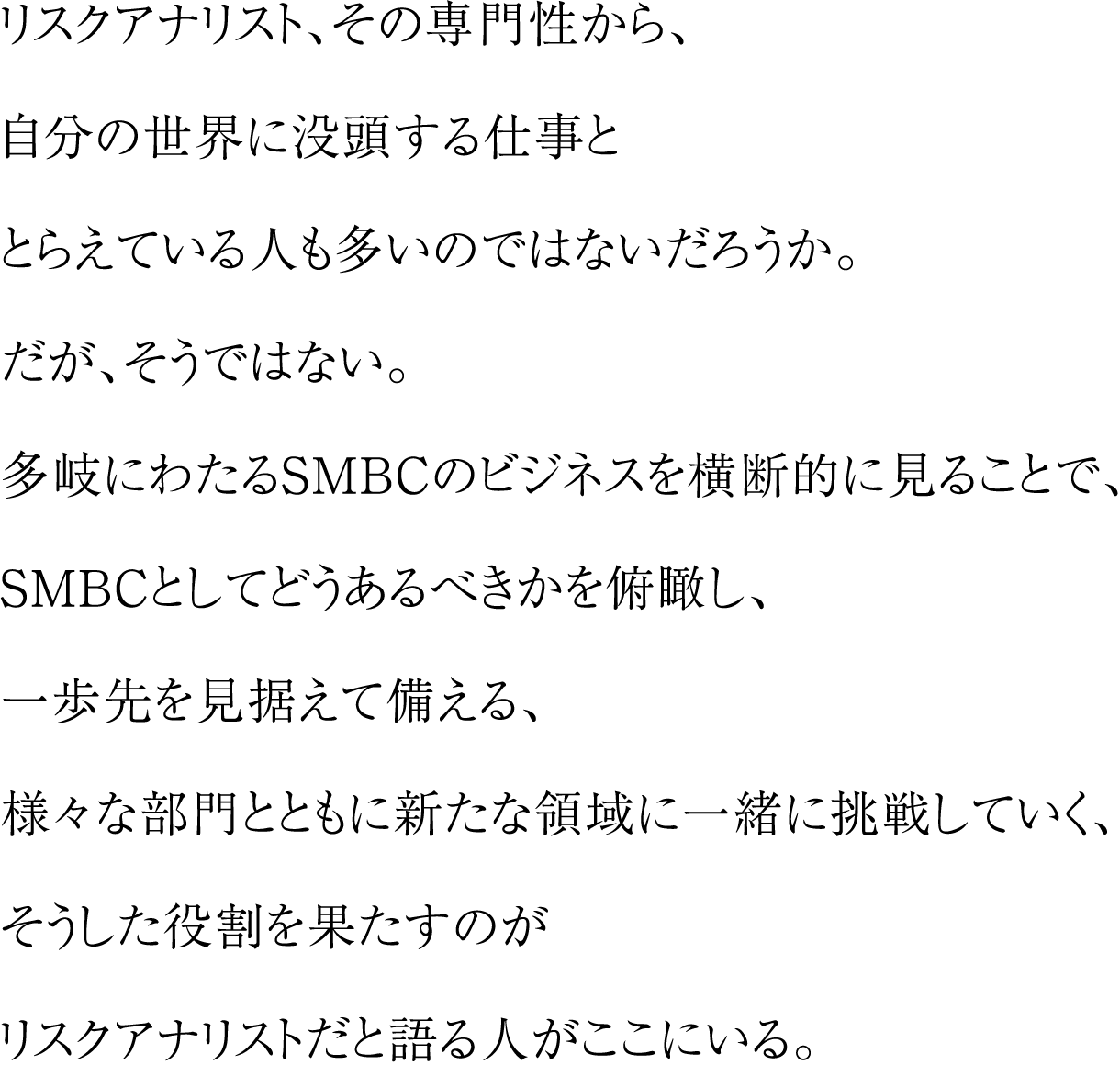 リスクアナリスト、その専門性から、自分の世界に没頭する仕事ととらえている人も多いのではないだろうか。だが、そうではない。多岐にわたるSMBCのビジネスを横断的に見ることで、SMBCとしてどうあるべきかを俯瞰し、一歩先を見据えて備える、様々な部門とともに新たな領域に一緒に挑戦していく、そうした役割を果たすのがリスクアナリストだと語る人がここにいる。